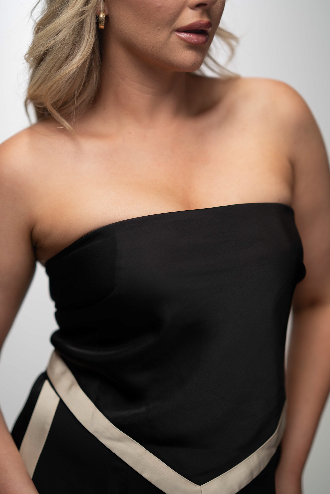 Black Satin Strapless Set with Champagne Stripe