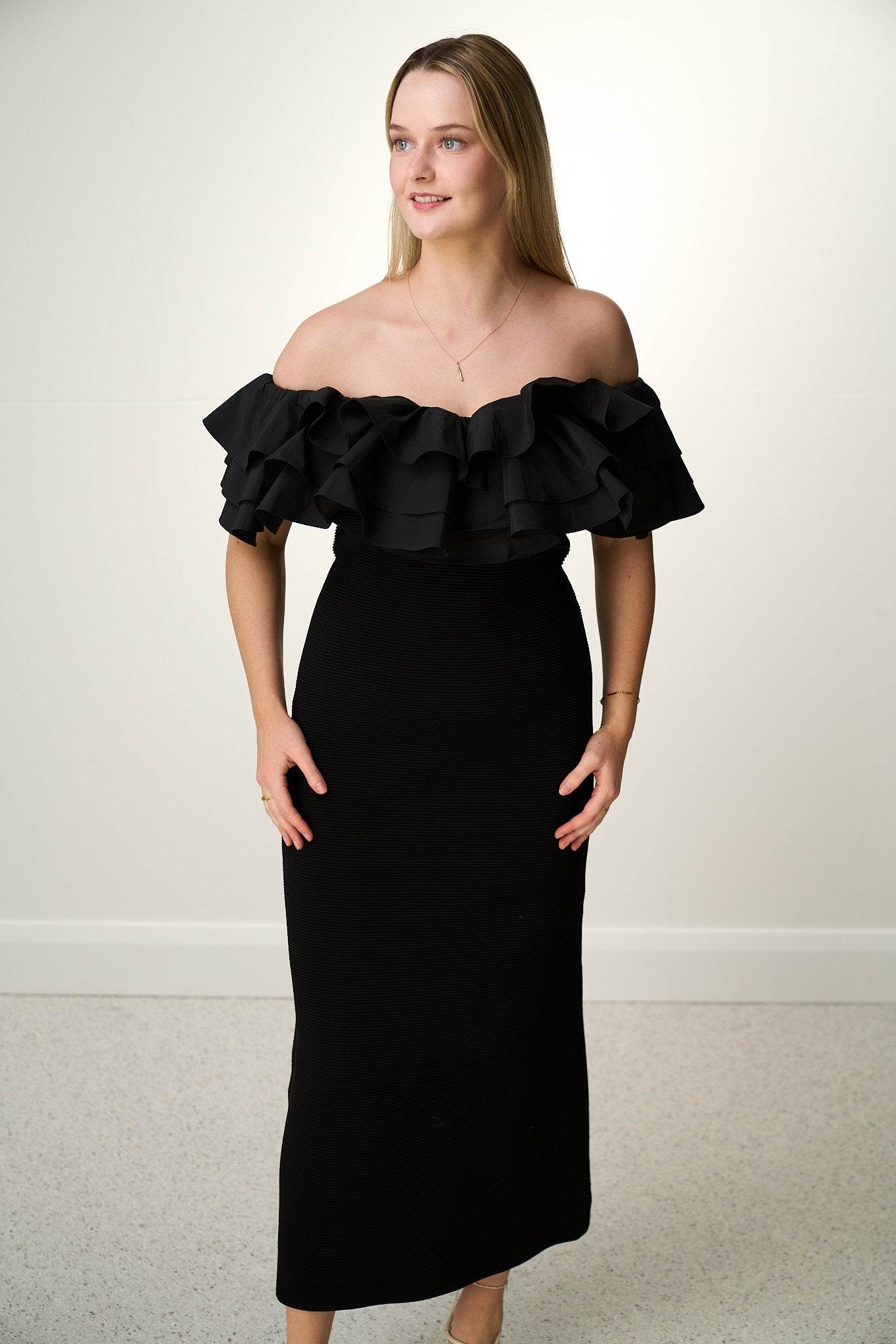 AJE TRANSCENDENT RUFFLED MIDI DRESS