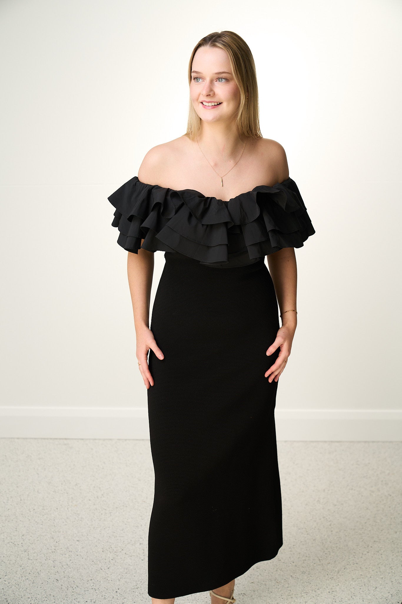 AJE TRANSCENDENT RUFFLED MIDI DRESS