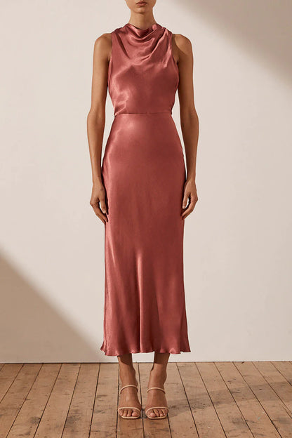 LA LUNE GATHERED SQUARE NECK BIAS MIDI DRESS