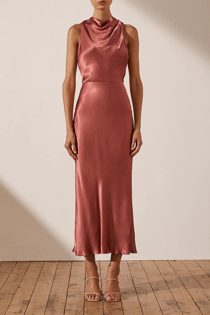 LA LUNE GATHERED SQUARE NECK BIAS MIDI DRESS