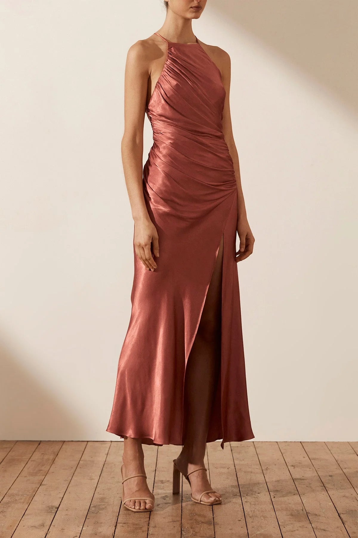 LA LUNE GATHERED SQUARE NECK BIAS MIDI DRESS