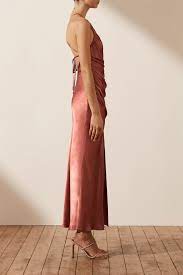 LA LUNE GATHERED SQUARE NECK BIAS MIDI DRESS