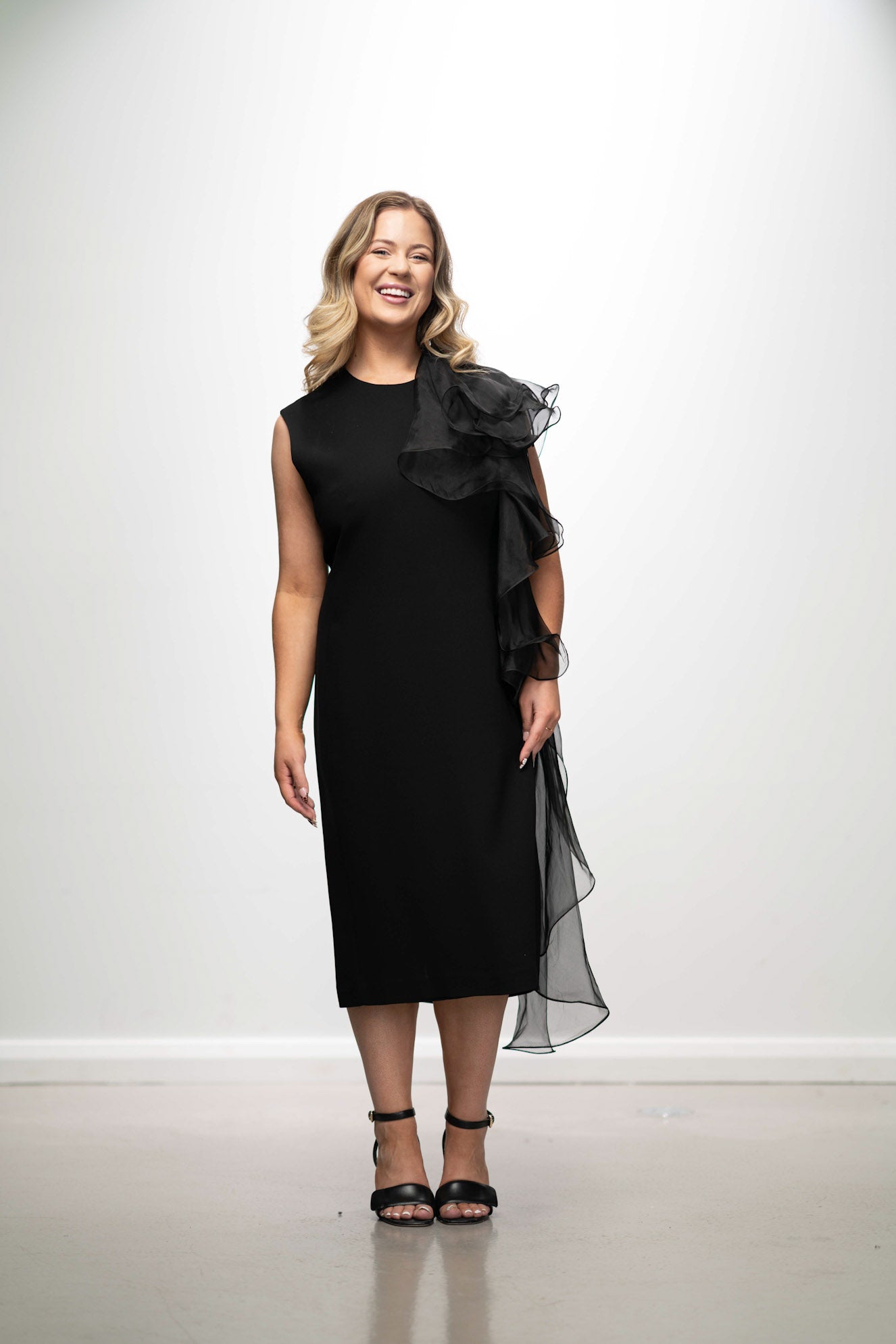 Black Crepe Ruffle Shoulder Dress