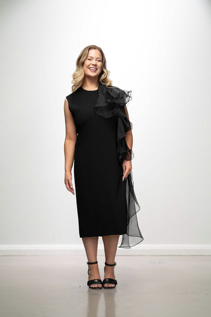 Black Crepe Ruffle Shoulder Dress