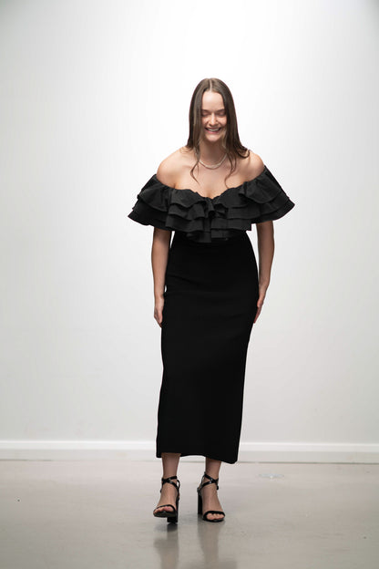 AJE TRANSCENDENT RUFFLED MIDI DRESS