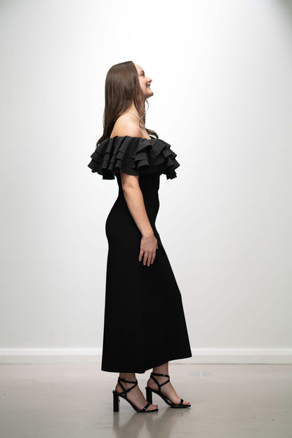 AJE TRANSCENDENT RUFFLED MIDI DRESS