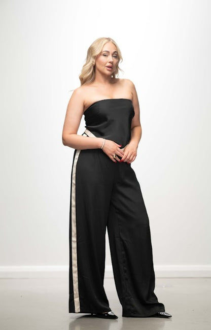 Black Satin Strapless Set with Champagne Stripe