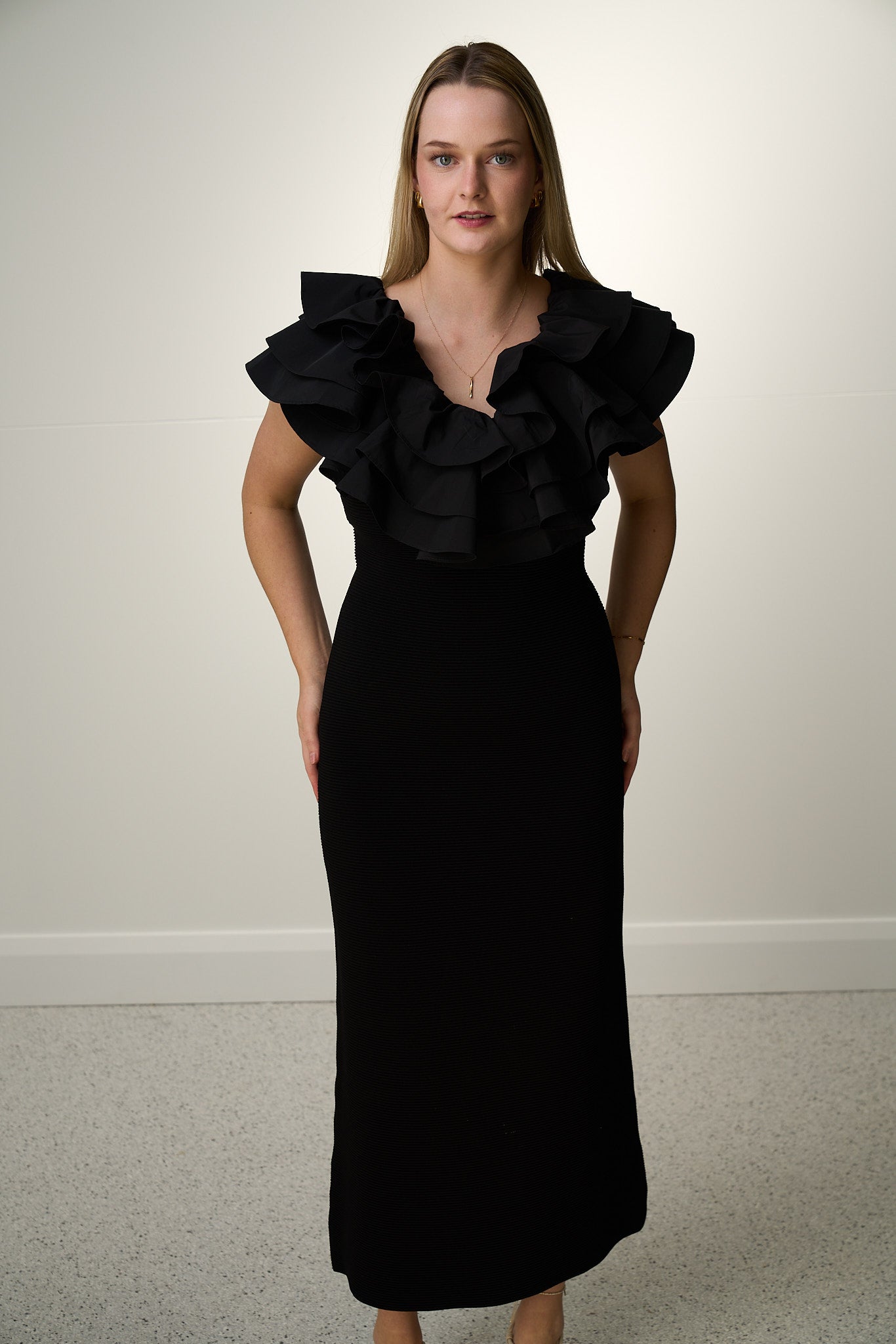 AJE TRANSCENDENT RUFFLED MIDI DRESS