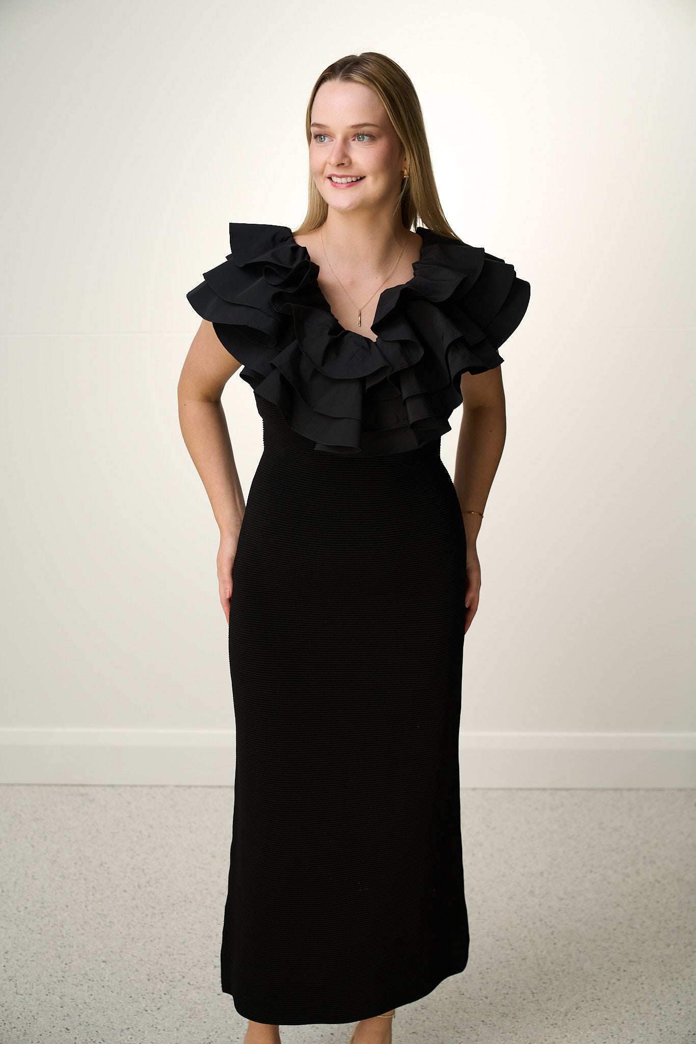 AJE TRANSCENDENT RUFFLED MIDI DRESS